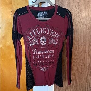 Affliction Maroon and Black Lace Sleeve Top